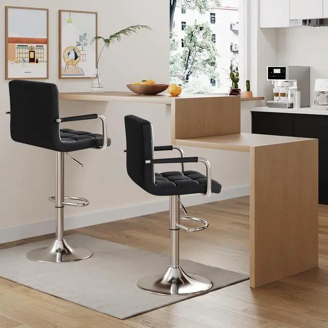 Alt view image 2 of 7 - Bar Stools with Armrest Modern PU Leather Swivel Adjustable Hydraulic Bar Stool X-Large Base and Seat Square Counter Height Stool Set of 2 (Black)