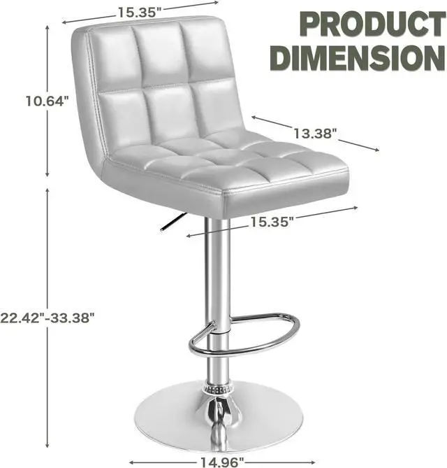 Alt view image 3 of 7 - Bar Stools Modern Pu Leather Swivel Adjustable Hydraulic Bar Stool Square Counter Height Stool Set of 2 (Sliver)