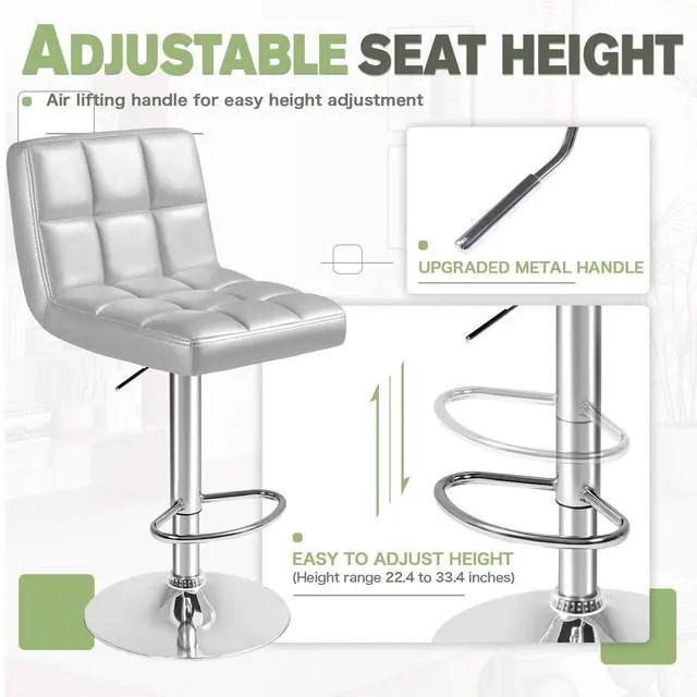 Alt view image 6 of 7 - Bar Stools Modern Pu Leather Swivel Adjustable Hydraulic Bar Stool Square Counter Height Stool Set of 2 (Sliver)