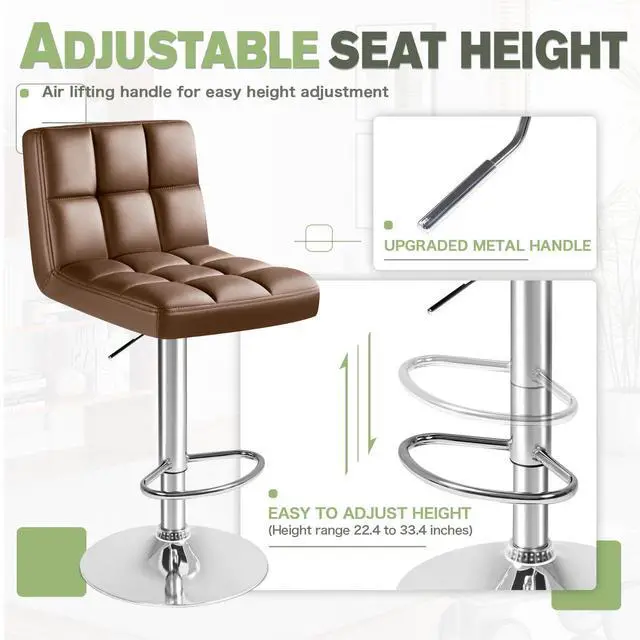 Alt view image 4 of 7 - Bar Stools Modern Pu Leather Swivel Adjustable Hydraulic Bar Stool Square Counter Height Stool Set of 2 (Brown)