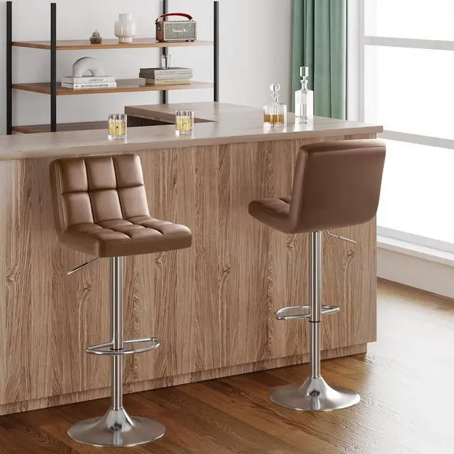Alt view image 6 of 7 - Bar Stools Modern Pu Leather Swivel Adjustable Hydraulic Bar Stool Square Counter Height Stool Set of 2 (Brown)