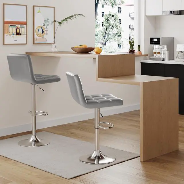 Alt view image 2 of 7 - Bar Stools Modern Pu Leather Swivel Adjustable Hydraulic Bar Stool Square Counter Height Stool Set of 2 (Light Gray)