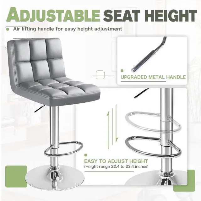 Alt view image 4 of 7 - Bar Stools Modern Pu Leather Swivel Adjustable Hydraulic Bar Stool Square Counter Height Stool Set of 2 (Light Gray)