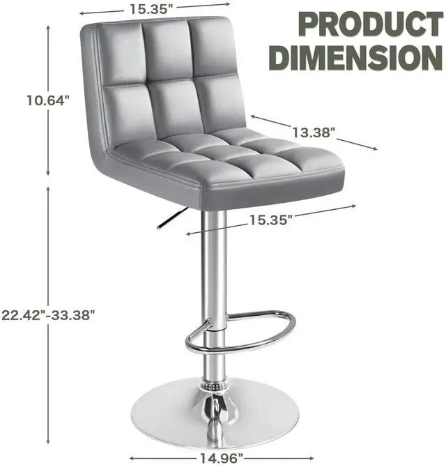 Alt view image 5 of 7 - Bar Stools Modern Pu Leather Swivel Adjustable Hydraulic Bar Stool Square Counter Height Stool Set of 2 (Light Gray)
