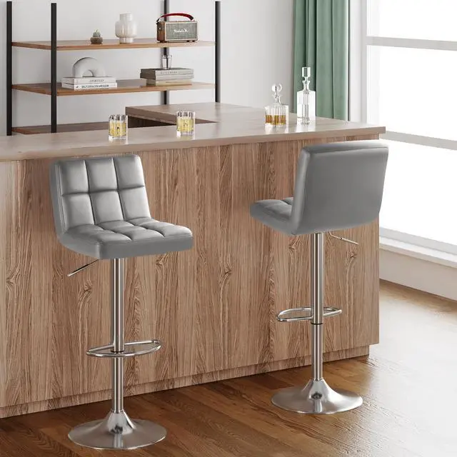 Alt view image 6 of 7 - Bar Stools Modern Pu Leather Swivel Adjustable Hydraulic Bar Stool Square Counter Height Stool Set of 2 (Light Gray)