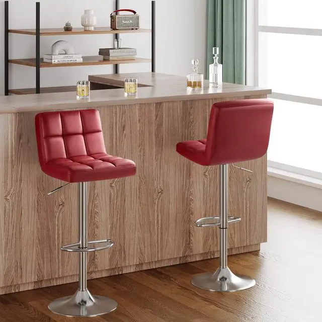Alt view image 2 of 7 - Bar Stools Modern Pu Leather Swivel Adjustable Hydraulic Bar Stool Square Counter Height Stool Set of 2 (Wine Red)