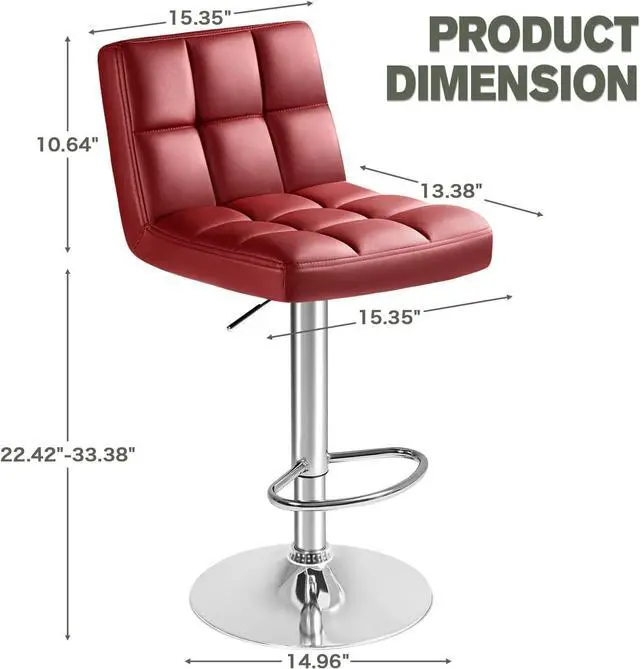 Alt view image 3 of 7 - Bar Stools Modern Pu Leather Swivel Adjustable Hydraulic Bar Stool Square Counter Height Stool Set of 2 (Wine Red)