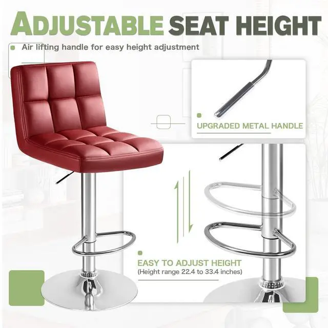 Alt view image 7 of 7 - Bar Stools Modern Pu Leather Swivel Adjustable Hydraulic Bar Stool Square Counter Height Stool Set of 2 (Wine Red)