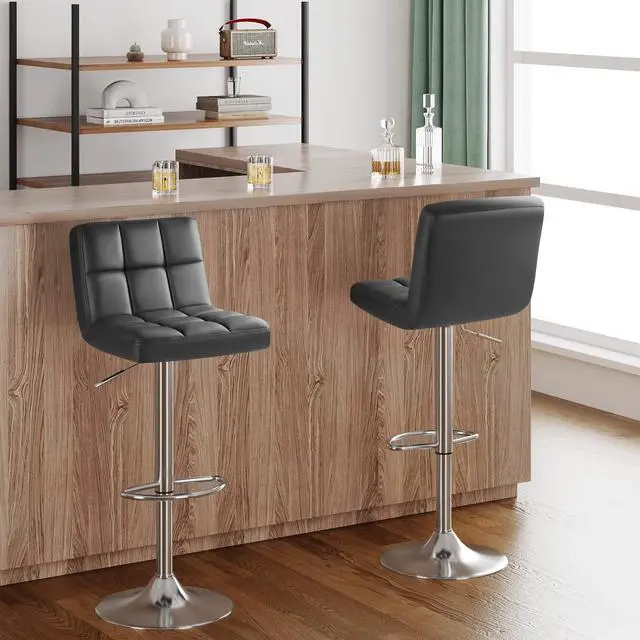 Alt view image 2 of 7 - Bar Stools Modern Pu Leather Swivel Adjustable Hydraulic Bar Stool Square Counter Height Stool Set of 2 (Gray)