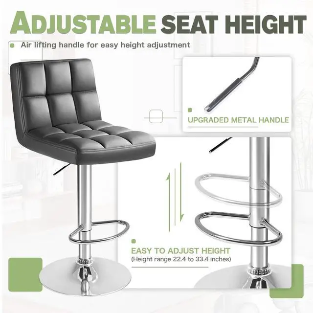 Alt view image 7 of 7 - Bar Stools Modern Pu Leather Swivel Adjustable Hydraulic Bar Stool Square Counter Height Stool Set of 2 (Gray)
