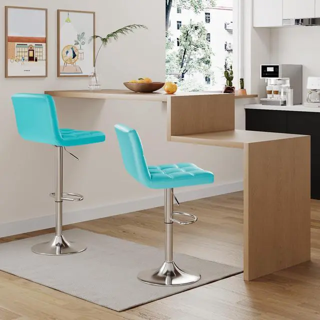 Alt view image 2 of 7 - Bar Stools Modern Pu Leather Swivel Adjustable Hydraulic Bar Stool Square Counter Height Stool Set of 2 (Blue)