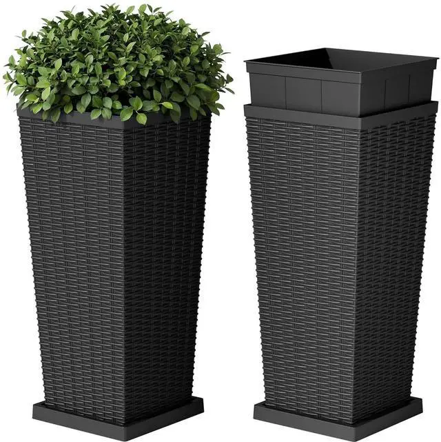 Main image of Resin Tall Planters for Outdoor Plants Set of 2, Large Taper Outdoor Planter Pots with 4 Drainage Holes, Flower Pots Modern Decor for Porch, Patio, Backyard, Garden(Black, 30'' with Trays)