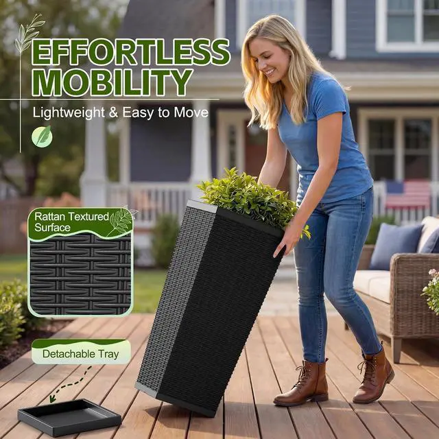 Alt view image 2 of 7 - Resin Tall Planters for Outdoor Plants Set of 2, Large Taper Outdoor Planter Pots with 4 Drainage Holes, Flower Pots Modern Decor for Porch, Patio, Backyard, Garden(Black, 30'' with Trays)