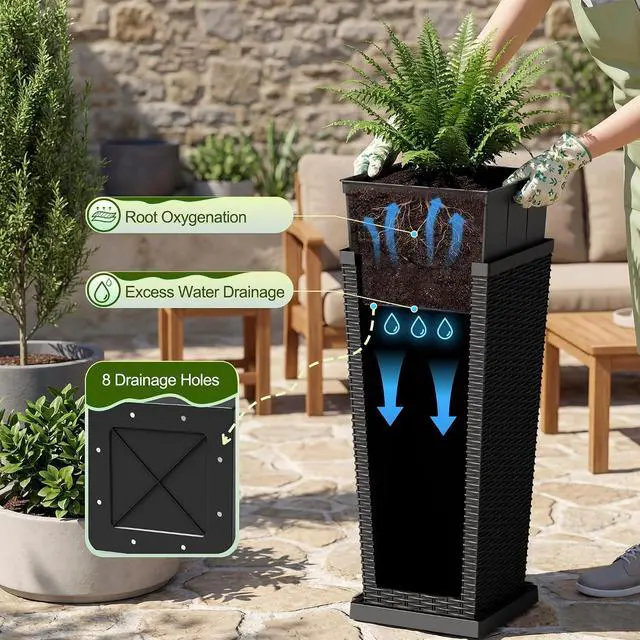Alt view image 3 of 7 - Resin Tall Planters for Outdoor Plants Set of 2, Large Taper Outdoor Planter Pots with 4 Drainage Holes, Flower Pots Modern Decor for Porch, Patio, Backyard, Garden(Black, 30'' with Trays)