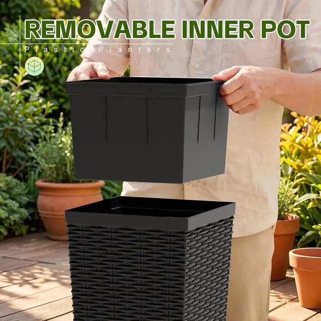 Alt view image 4 of 7 - Resin Tall Planters for Outdoor Plants Set of 2, Large Taper Outdoor Planter Pots with 4 Drainage Holes, Flower Pots Modern Decor for Porch, Patio, Backyard, Garden(Black, 30'' with Trays)