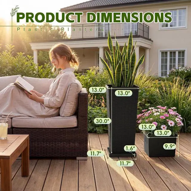 Alt view image 5 of 7 - Resin Tall Planters for Outdoor Plants Set of 2, Large Taper Outdoor Planter Pots with 4 Drainage Holes, Flower Pots Modern Decor for Porch, Patio, Backyard, Garden(Black, 30'' with Trays)