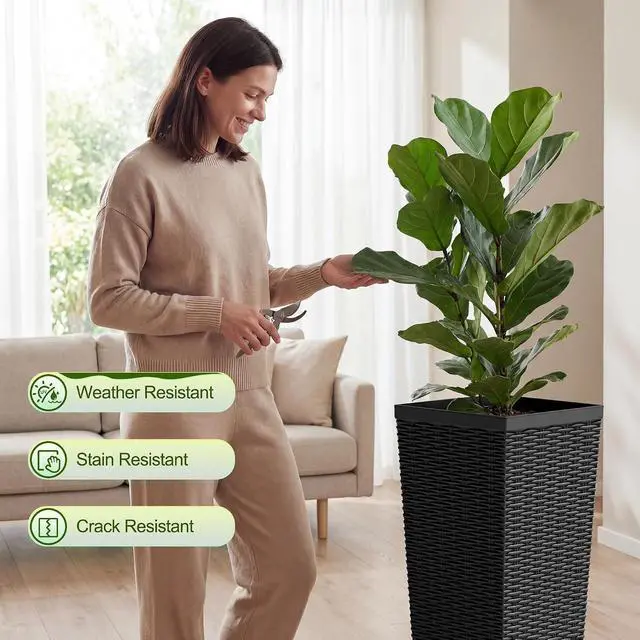 Alt view image 7 of 7 - Resin Tall Planters for Outdoor Plants Set of 2, Large Taper Outdoor Planter Pots with 4 Drainage Holes, Flower Pots Modern Decor for Porch, Patio, Backyard, Garden(Black, 30'' with Trays)