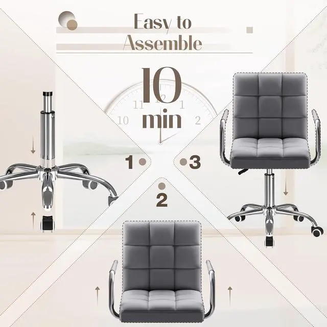 Alt view image 6 of 7 - Vanity Office Chair with Wheels,Makeup PU Leather Executive Chair Modern Adjustable Home Desk Retro Comfortable Work Chair 360 Degree Swivel with Arms (Grey)