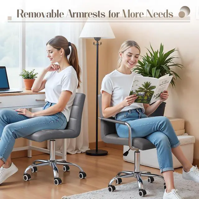 Alt view image 5 of 7 - Vanity Office Chair with Wheels,Makeup PU Leather Executive Chair Modern Adjustable Home Desk Retro Comfortable Work Chair 360 Degree Swivel with Arms (Grey)