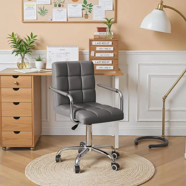 Alt view image 7 of 7 - Vanity Office Chair with Wheels,Makeup PU Leather Executive Chair Modern Adjustable Home Desk Retro Comfortable Work Chair 360 Degree Swivel with Arms (Grey)