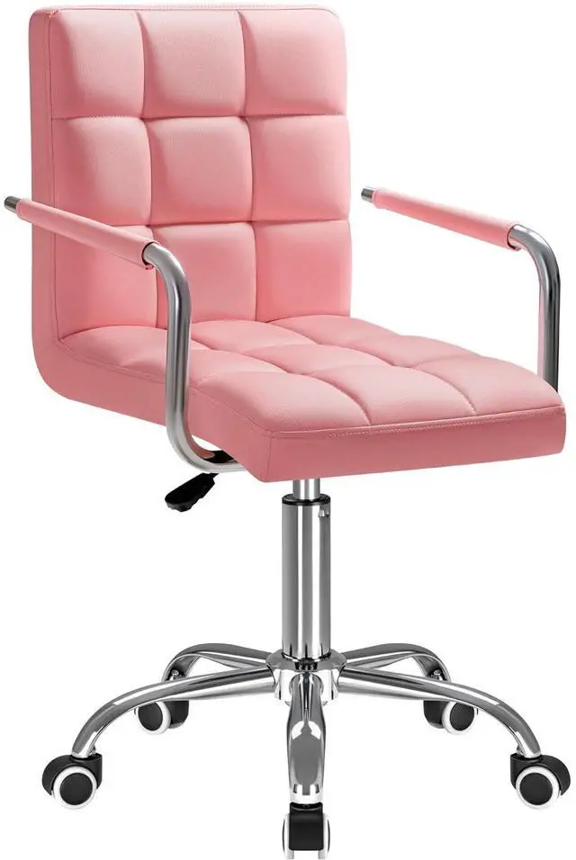 Main image of Vanity Office Chair with Wheels,Makeup PU Leather Executive Chair Modern Adjustable Home Desk Retro Comfortable Work Chair 360 Degree Swivel with Arms (Pink)