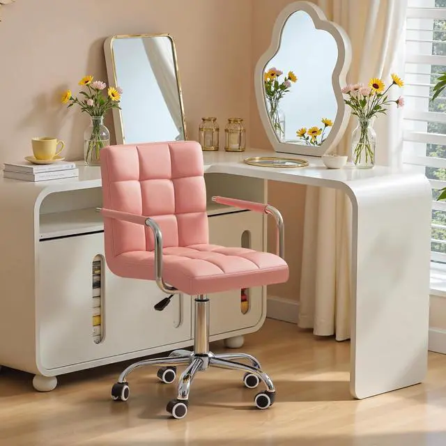 Alt view image 2 of 7 - Vanity Office Chair with Wheels,Makeup PU Leather Executive Chair Modern Adjustable Home Desk Retro Comfortable Work Chair 360 Degree Swivel with Arms (Pink)