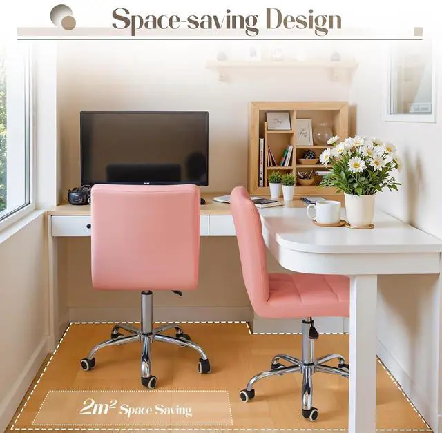 Alt view image 4 of 7 - Vanity Office Chair with Wheels,Makeup PU Leather Executive Chair Modern Adjustable Home Desk Retro Comfortable Work Chair 360 Degree Swivel with Arms (Pink)