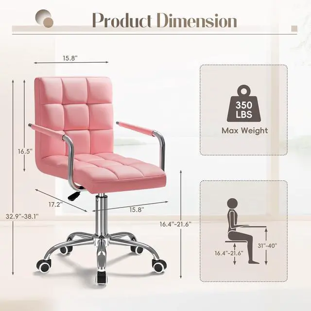 Alt view image 3 of 7 - Vanity Office Chair with Wheels,Makeup PU Leather Executive Chair Modern Adjustable Home Desk Retro Comfortable Work Chair 360 Degree Swivel with Arms (Pink)
