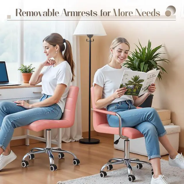 Alt view image 5 of 7 - Vanity Office Chair with Wheels,Makeup PU Leather Executive Chair Modern Adjustable Home Desk Retro Comfortable Work Chair 360 Degree Swivel with Arms (Pink)