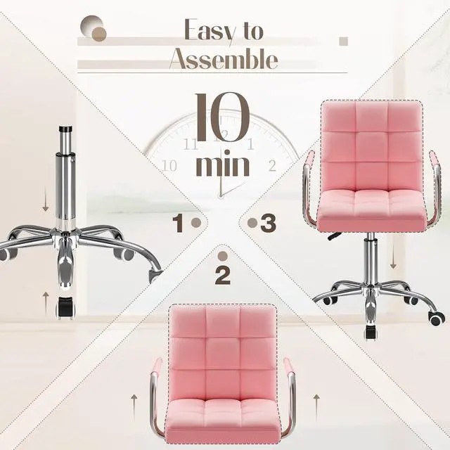 Alt view image 6 of 7 - Vanity Office Chair with Wheels,Makeup PU Leather Executive Chair Modern Adjustable Home Desk Retro Comfortable Work Chair 360 Degree Swivel with Arms (Pink)