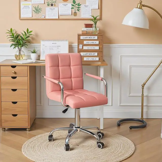 Alt view image 7 of 7 - Vanity Office Chair with Wheels,Makeup PU Leather Executive Chair Modern Adjustable Home Desk Retro Comfortable Work Chair 360 Degree Swivel with Arms (Pink)