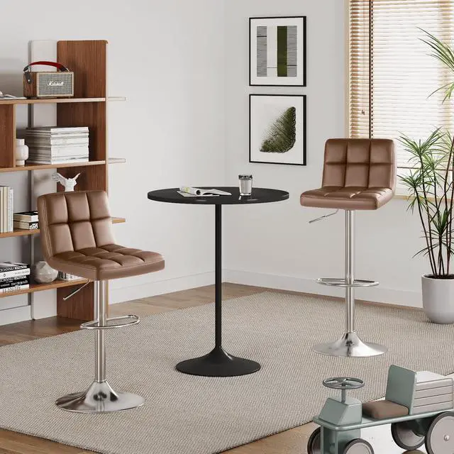 Alt view image 2 of 7 - Bar Stools Modern Pu Leather Swivel Adjustable Hydraulic Bar Stool Square Counter Height Stool Set of 2 (Brown)