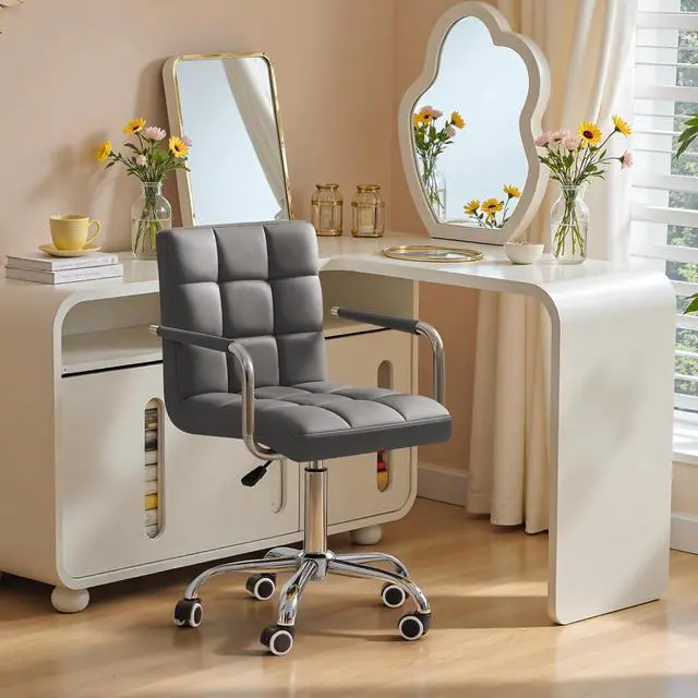 Alt view image 2 of 7 - Vanity Office Chair with Wheels,Makeup PU Leather Executive Chair Modern Adjustable Home Desk Retro Comfortable Work Chair 360 Degree Swivel with Arms (Grey)