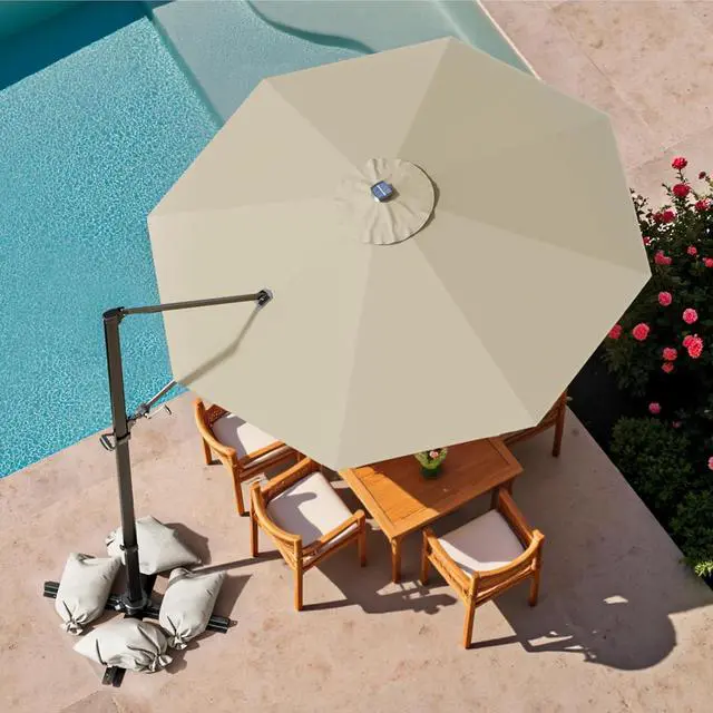 Alt view image 2 of 7 - 10ft Solar LED Patio Umbrella, Round Cantilever Outdoor Umbrella with Solar Lights and 360-Degree Rotation, Large Hanging Offset Market Umbrella with Easy Tilt for Patio Deck Garden,Beige