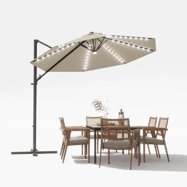 Main image of 10ft Solar LED Patio Umbrella, Round Cantilever Outdoor Umbrella with Solar Lights and 360-Degree Rotation, Large Hanging Offset Market Umbrella with Easy Tilt for Patio Deck Garden,Beige