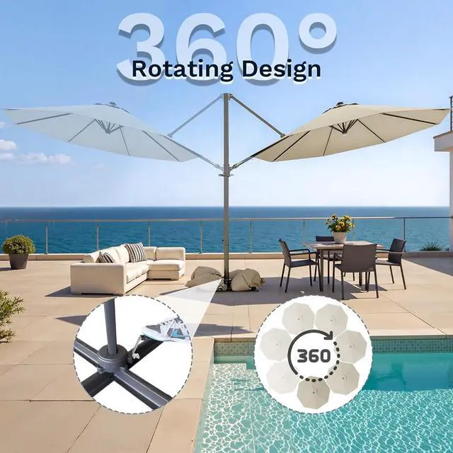 Alt view image 4 of 7 - 10ft Solar LED Patio Umbrella, Round Cantilever Outdoor Umbrella with Solar Lights and 360-Degree Rotation, Large Hanging Offset Market Umbrella with Easy Tilt for Patio Deck Garden,Beige