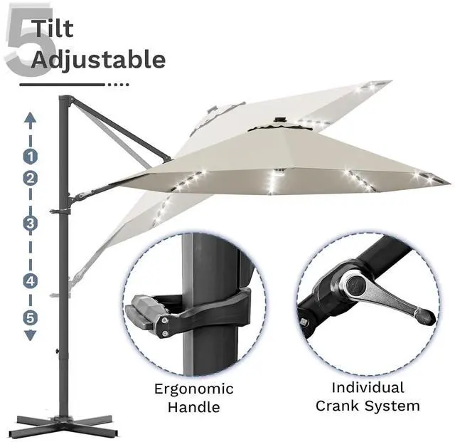 Alt view image 6 of 7 - 10ft Solar LED Patio Umbrella, Round Cantilever Outdoor Umbrella with Solar Lights and 360-Degree Rotation, Large Hanging Offset Market Umbrella with Easy Tilt for Patio Deck Garden,Beige
