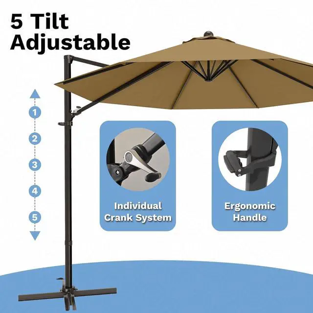 Alt view image 5 of 7 - 10ft Cantilever Patio Umbrella, Round Large Outdoor Umbrella with 360-Degree Rotation, Hanging Offset Market Sun Umbrella, Easy Tilt and Heavy-Duty Frame, for Patio Backyard Garden, Brown