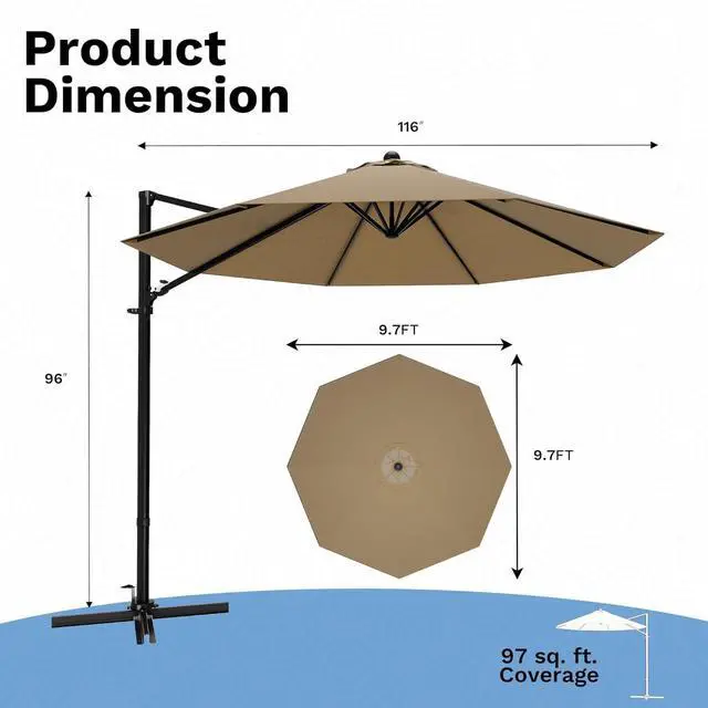 Alt view image 3 of 7 - 10ft Cantilever Patio Umbrella, Round Large Outdoor Umbrella with 360-Degree Rotation, Hanging Offset Market Sun Umbrella, Easy Tilt and Heavy-Duty Frame, for Patio Backyard Garden, Brown
