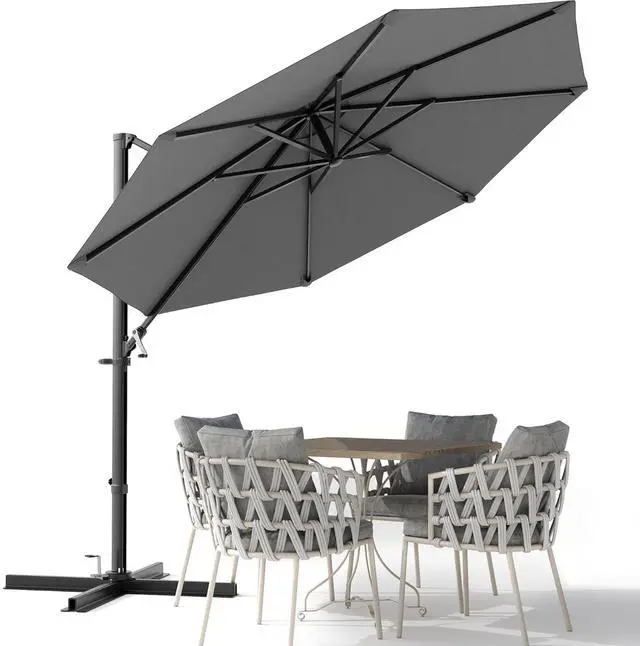 Main image of 10ft Cantilever Patio Umbrella, Round Large Outdoor Umbrella with 360-Degree Rotation, Hanging Offset Market Sun Umbrella, Easy Tilt and Heavy-Duty Frame, for Patio Backyard Garden, Gray