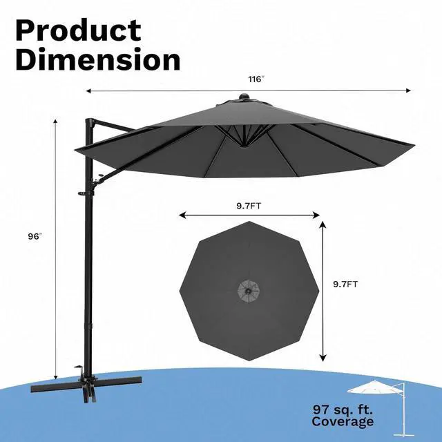 Alt view image 2 of 7 - 10ft Cantilever Patio Umbrella, Round Large Outdoor Umbrella with 360-Degree Rotation, Hanging Offset Market Sun Umbrella, Easy Tilt and Heavy-Duty Frame, for Patio Backyard Garden, Gray