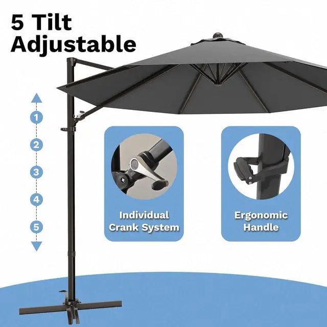 Alt view image 4 of 7 - 10ft Cantilever Patio Umbrella, Round Large Outdoor Umbrella with 360-Degree Rotation, Hanging Offset Market Sun Umbrella, Easy Tilt and Heavy-Duty Frame, for Patio Backyard Garden, Gray