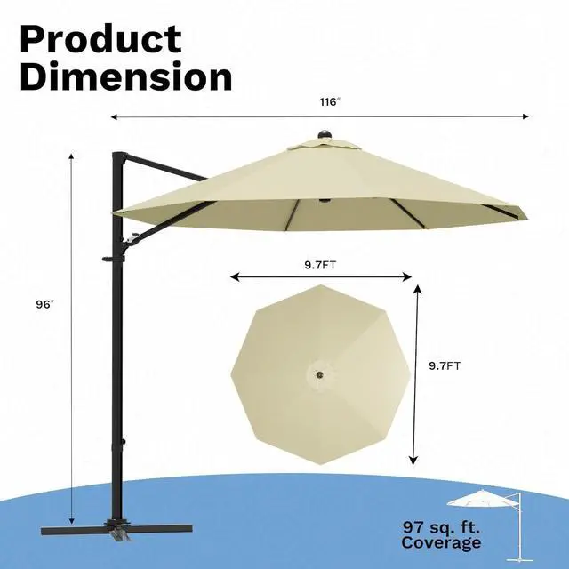 Alt view image 3 of 7 - 10ft Cantilever Patio Umbrella, Round Large Outdoor Umbrella with 360-Degree Rotation, Hanging Offset Market Sun Umbrella, Easy Tilt and Heavy-Duty Frame, for Patio Backyard Garden, Beige