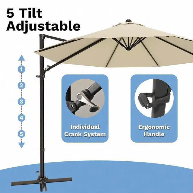 Alt view image 5 of 7 - 10ft Cantilever Patio Umbrella, Round Large Outdoor Umbrella with 360-Degree Rotation, Hanging Offset Market Sun Umbrella, Easy Tilt and Heavy-Duty Frame, for Patio Backyard Garden, Beige