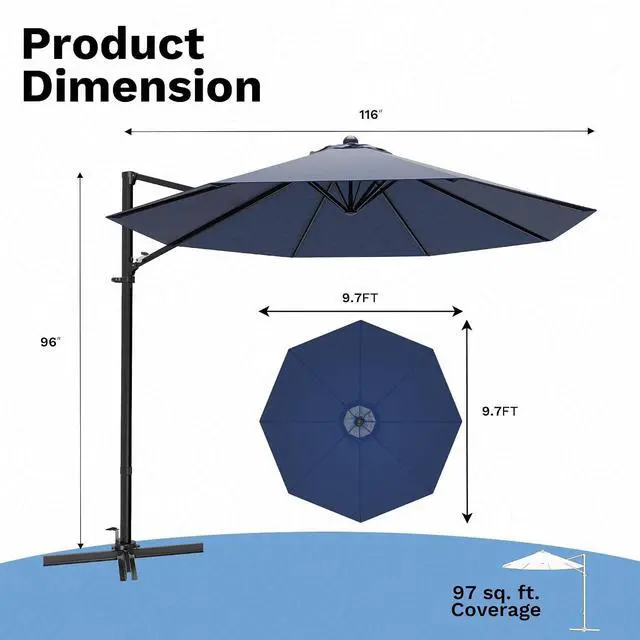 Alt view image 2 of 7 - 10ft Cantilever Patio Umbrella, Round Large Outdoor Umbrella with 360-Degree Rotation, Hanging Offset Market Sun Umbrella, Easy Tilt and Heavy-Duty Frame, for Patio Backyard Garden, Navy Blue