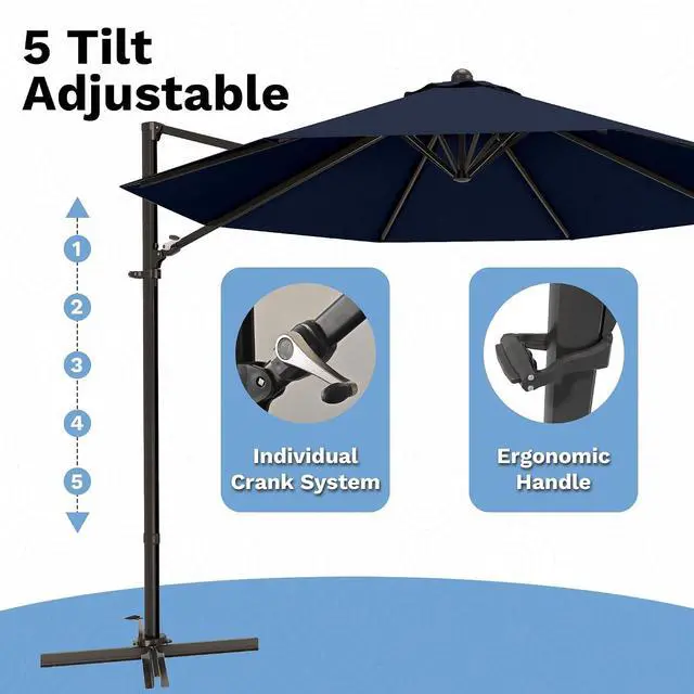 Alt view image 4 of 7 - 10ft Cantilever Patio Umbrella, Round Large Outdoor Umbrella with 360-Degree Rotation, Hanging Offset Market Sun Umbrella, Easy Tilt and Heavy-Duty Frame, for Patio Backyard Garden, Navy Blue