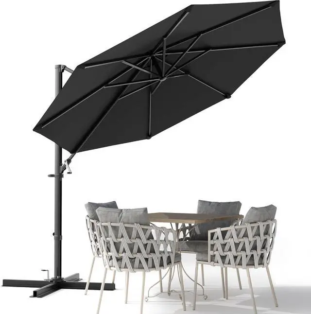 Main image of 10ft Cantilever Patio Umbrella, Round Large Outdoor Umbrella with 360-Degree Rotation, Hanging Offset Market Sun Umbrella, Easy Tilt and Heavy-Duty Frame, for Patio Backyard Garden, Black