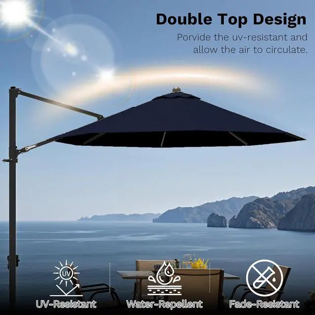Alt view image 6 of 7 - 10ft Cantilever Patio Umbrella, Round Large Outdoor Umbrella with 360-Degree Rotation, Hanging Offset Market Sun Umbrella, Easy Tilt and Heavy-Duty Frame, for Patio Backyard Garden, Navy Blue