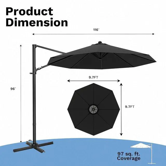 Alt view image 2 of 7 - 10ft Cantilever Patio Umbrella, Round Large Outdoor Umbrella with 360-Degree Rotation, Hanging Offset Market Sun Umbrella, Easy Tilt and Heavy-Duty Frame, for Patio Backyard Garden, Black