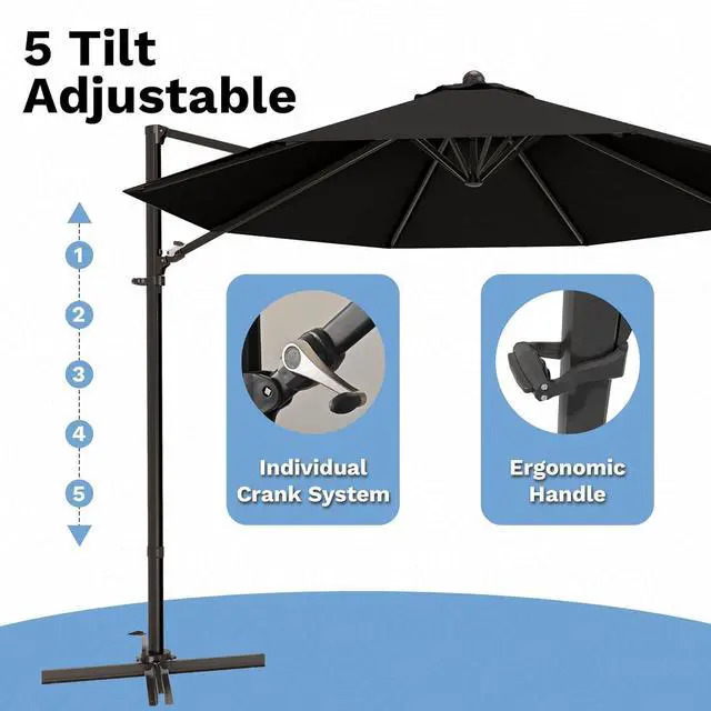 Alt view image 4 of 7 - 10ft Cantilever Patio Umbrella, Round Large Outdoor Umbrella with 360-Degree Rotation, Hanging Offset Market Sun Umbrella, Easy Tilt and Heavy-Duty Frame, for Patio Backyard Garden, Black